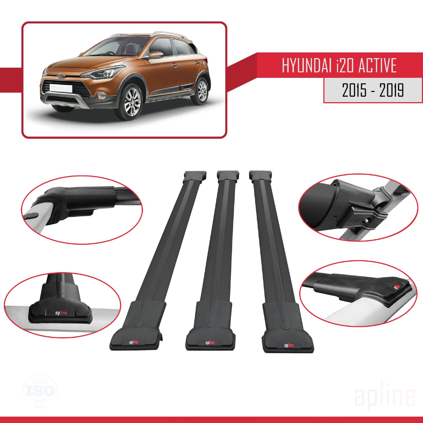 Kompatibel mit Hyundai i20 II Active 2015-2019 FLY Model Relingträger Dachträger Auto Gepäckträger Schwarz Aluminium 3 Stangen