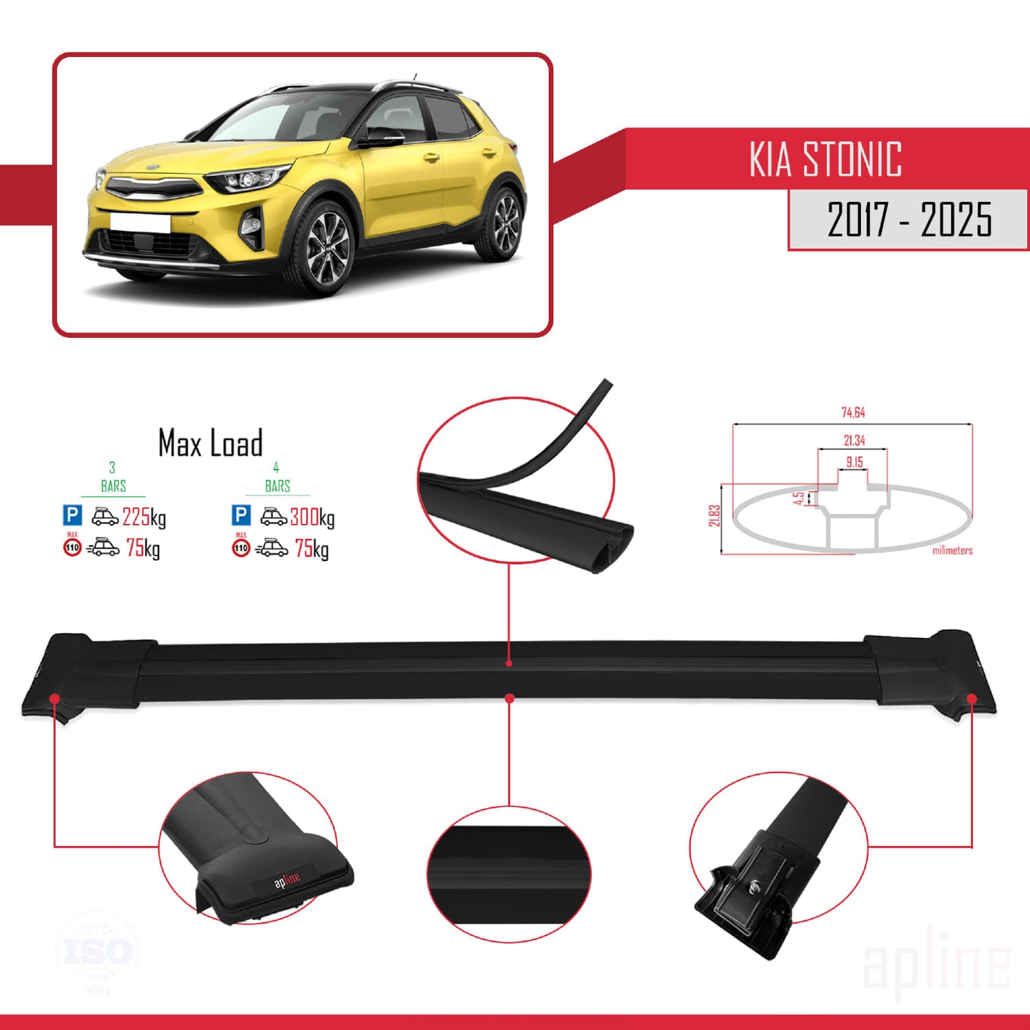 Compatible with Kia Stonic 2017-2025 FLY Model Car Roof Rack Cross Bar Black Aluminium 3 Bars
