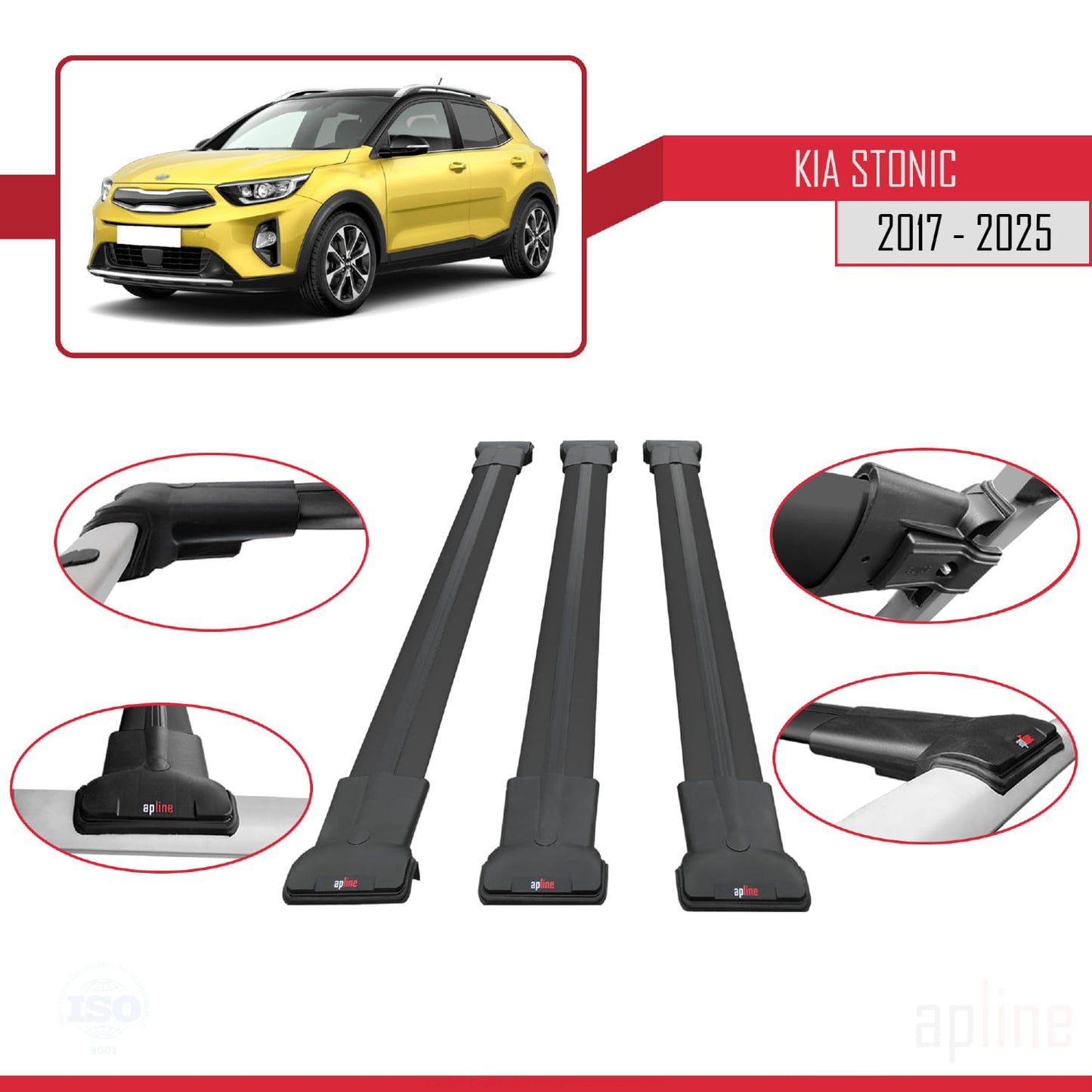 Compatible with Kia Stonic 2017-2025 FLY Model Car Roof Rack Cross Bar Black Aluminium 3 Bars