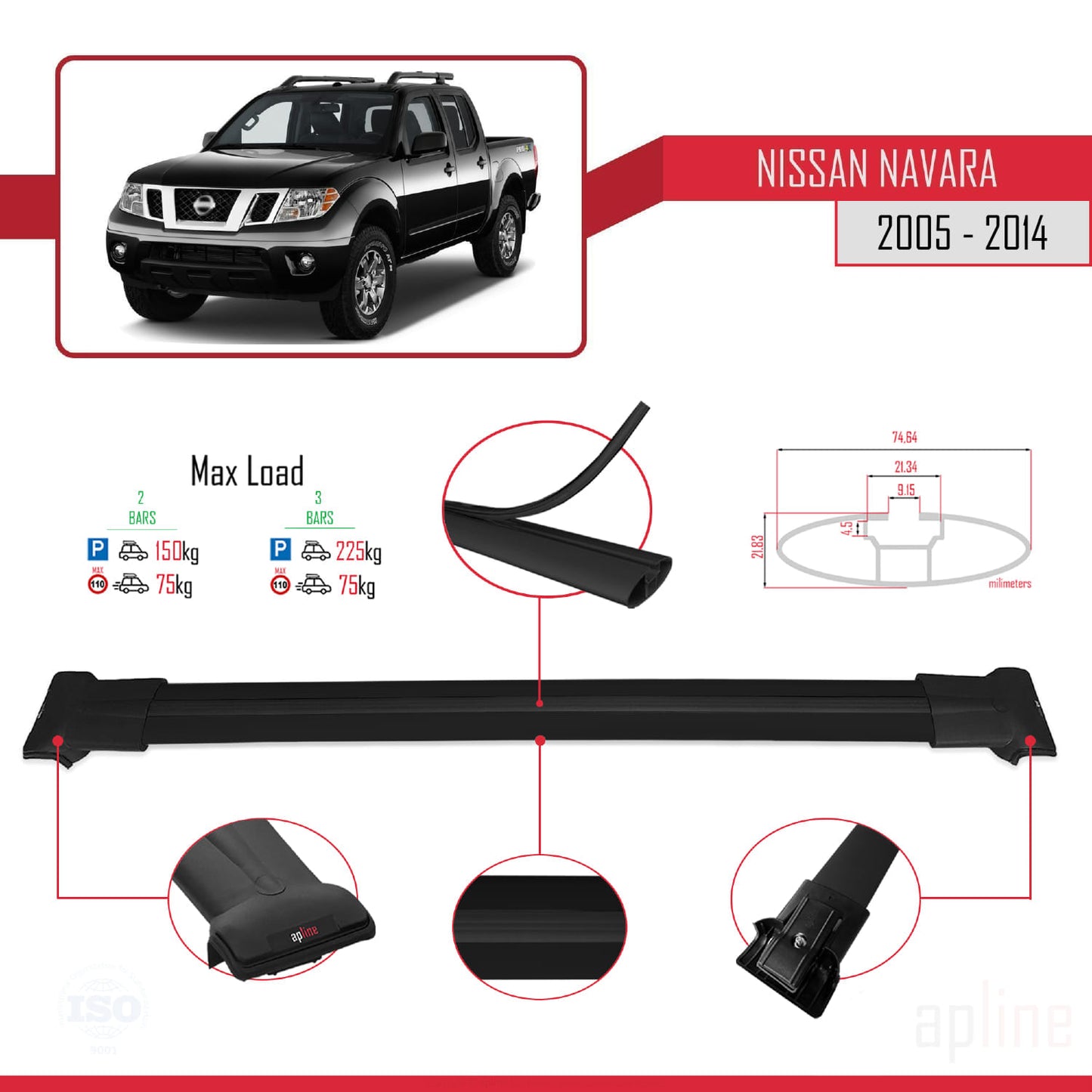 Compatible with Nissan Navara 3 (D40) 2005-2014 FLY Model Car Roof Rack Cross Bar Black Aluminium 2 Bars