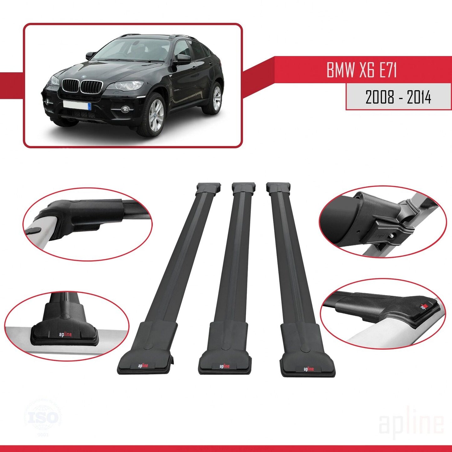 Kompatibel mit BMW X6 (E71) 2008-2014 FLY Modell Dachgepäckträger, schwarzes Aluminium, 3-teilig