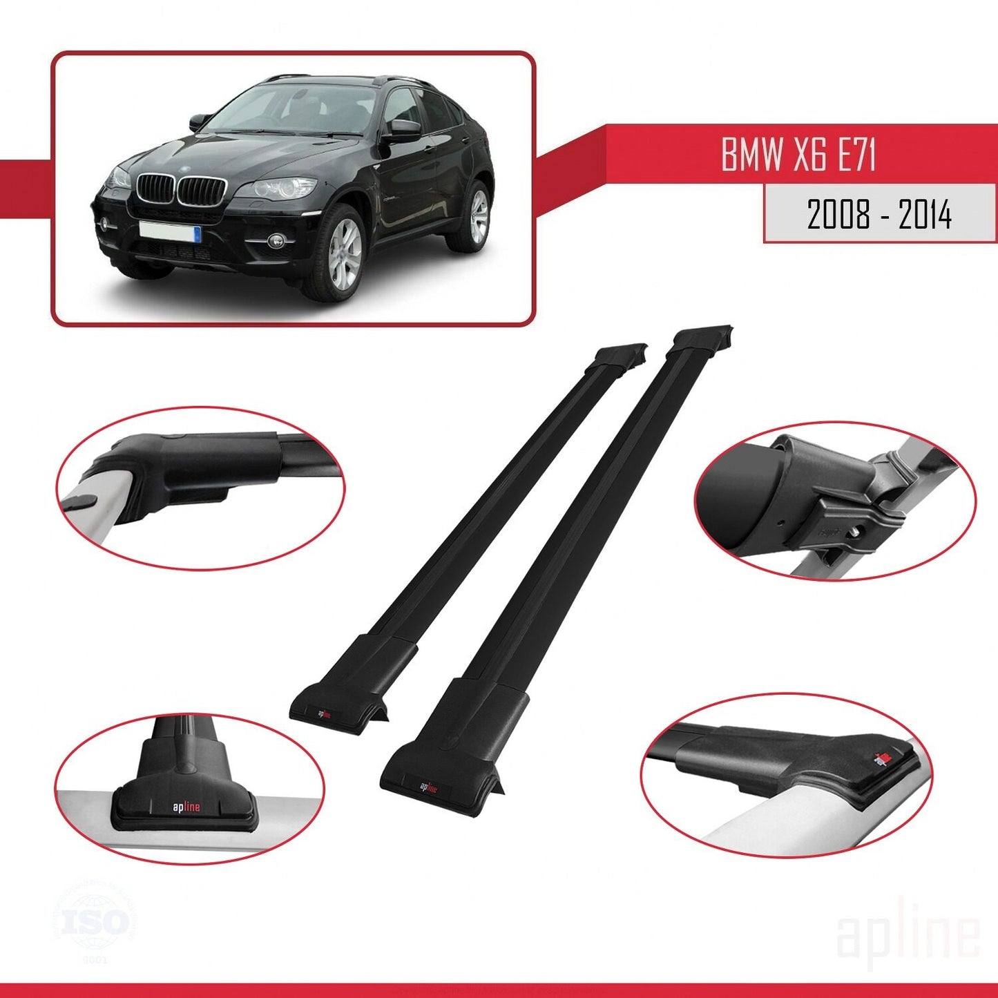 Kompatibel mit BMW X6 (E71) 2008-2014 FLY Modell Dachgepäckträger, schwarzes Aluminium, 2 Stangen