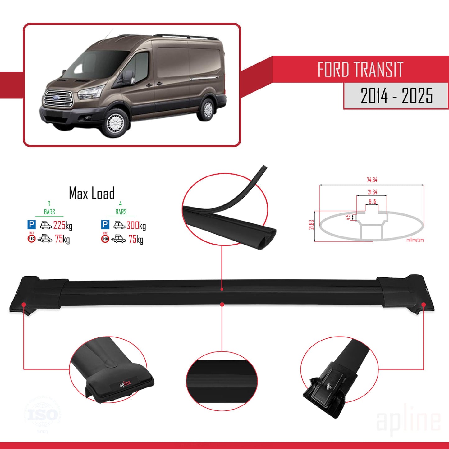 Kompatibel mit Ford Transit FLY Modell 2014-2025 Dachgepäckträger, Reling, Gepäckträger, schwarzes Aluminium, 3 Stangen