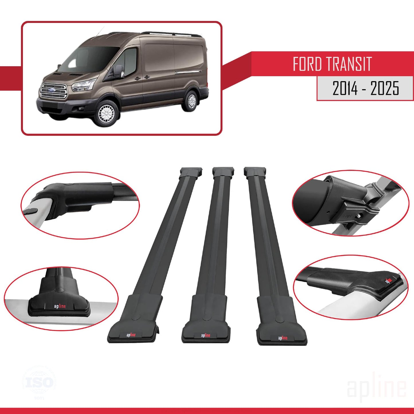 Kompatibel mit Ford Transit FLY Modell 2014-2025 Dachgepäckträger, Reling, Gepäckträger, schwarzes Aluminium, 3 Stangen