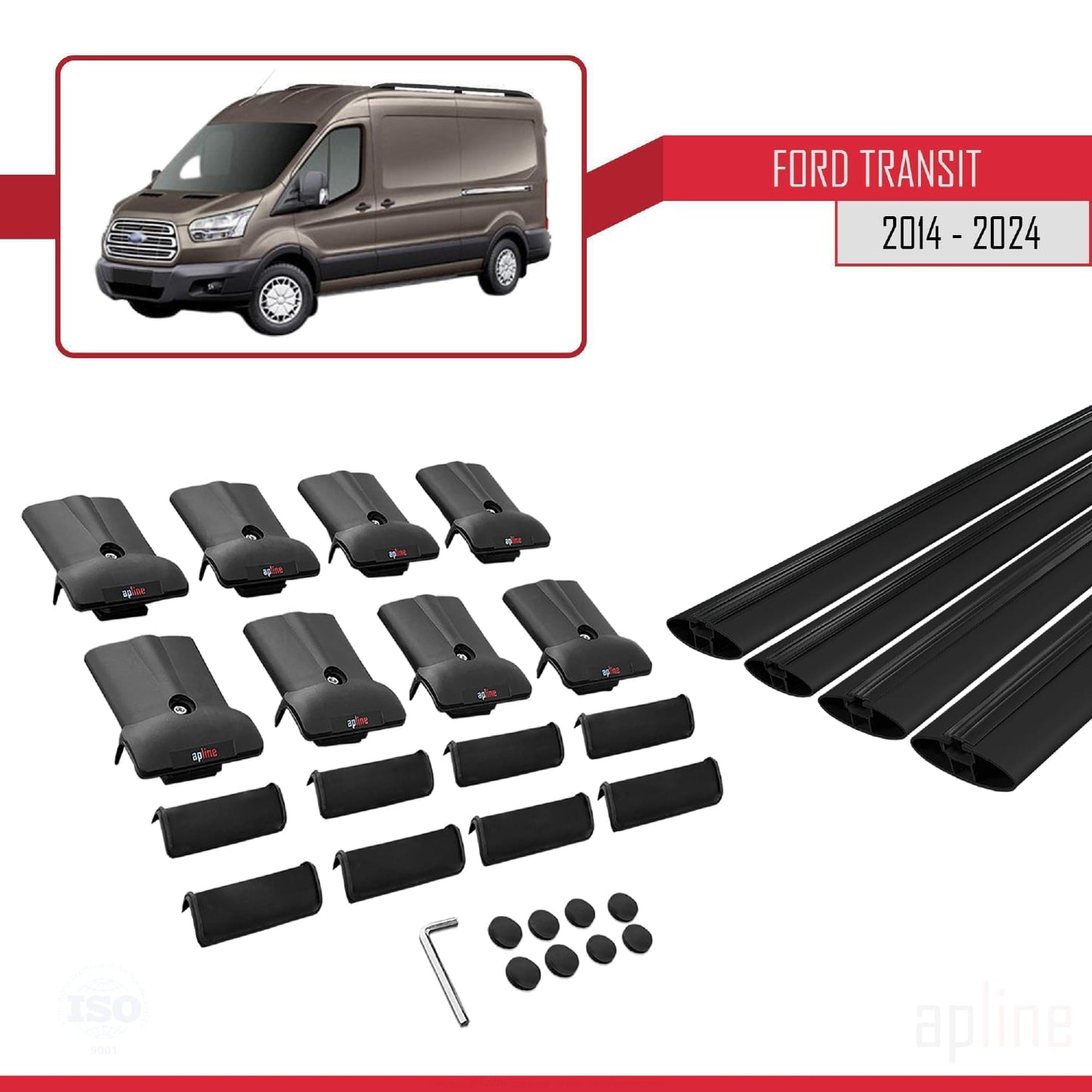 Kompatibel mit Ford Transit FLY Modell 2014-2025 Dachgepäckträger, Reling, Gepäckträger, schwarzes Aluminium, 4 Stangen