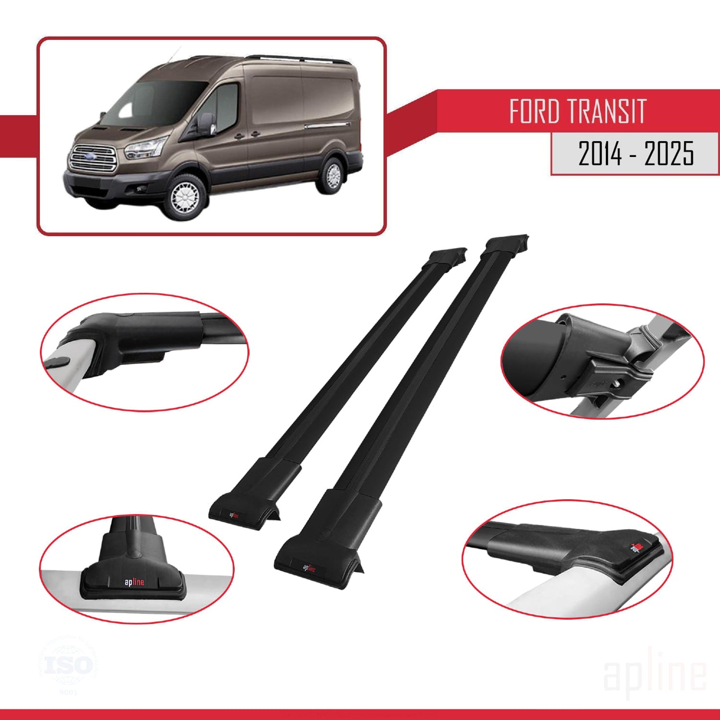 Kompatibel mit Ford Transit FLY Modell 2014-2025 Dachgepäckträger, Reling, Gepäckträger, schwarzes Aluminium, 2 Stangen