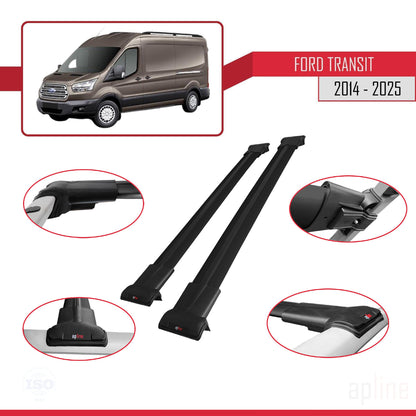 Kompatibel mit Ford Transit FLY Modell 2014-2025 Dachgepäckträger, Reling, Gepäckträger, schwarzes Aluminium, 2 Stangen