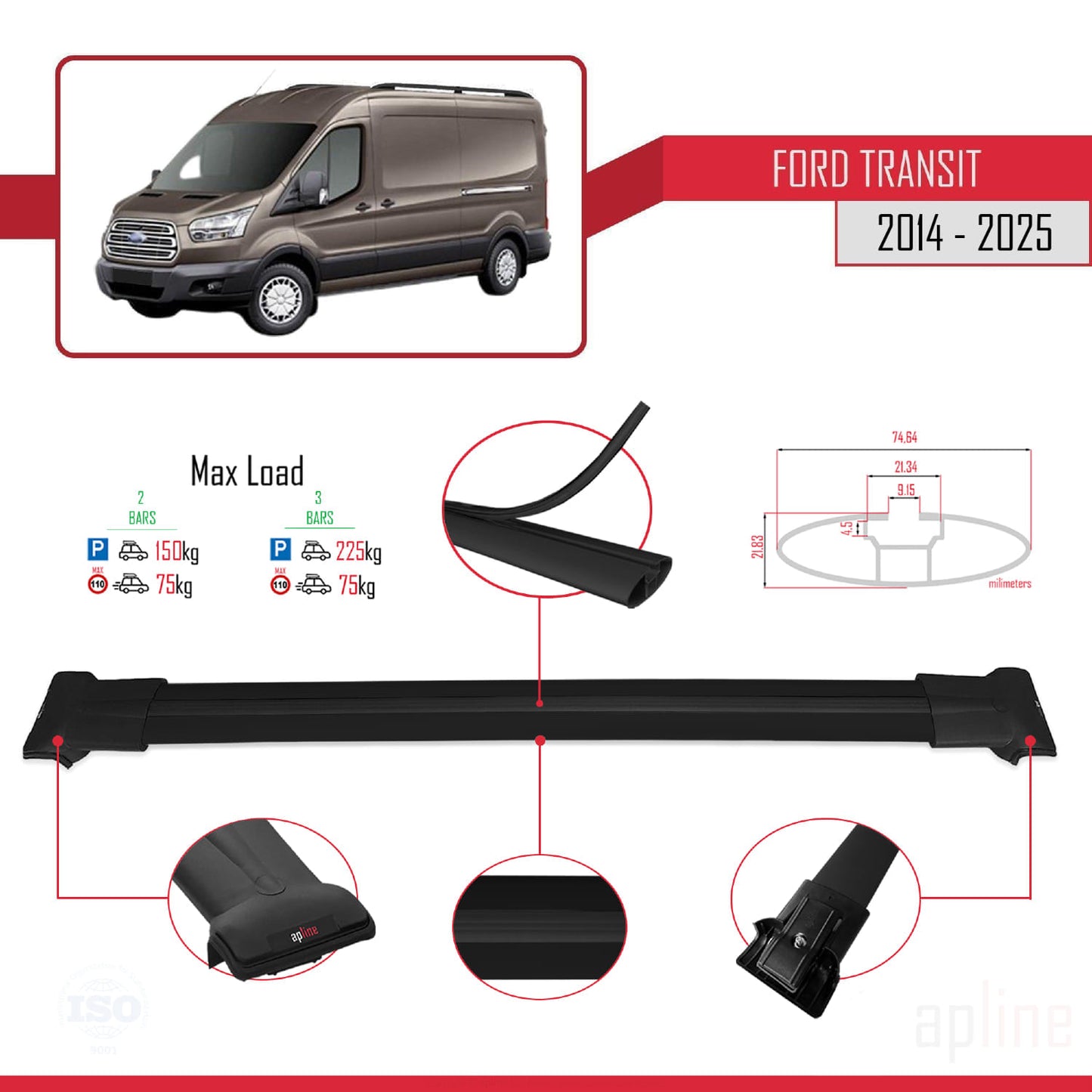 Kompatibel mit Ford Transit FLY Modell 2014-2025 Dachgepäckträger, Reling, Gepäckträger, schwarzes Aluminium, 2 Stangen