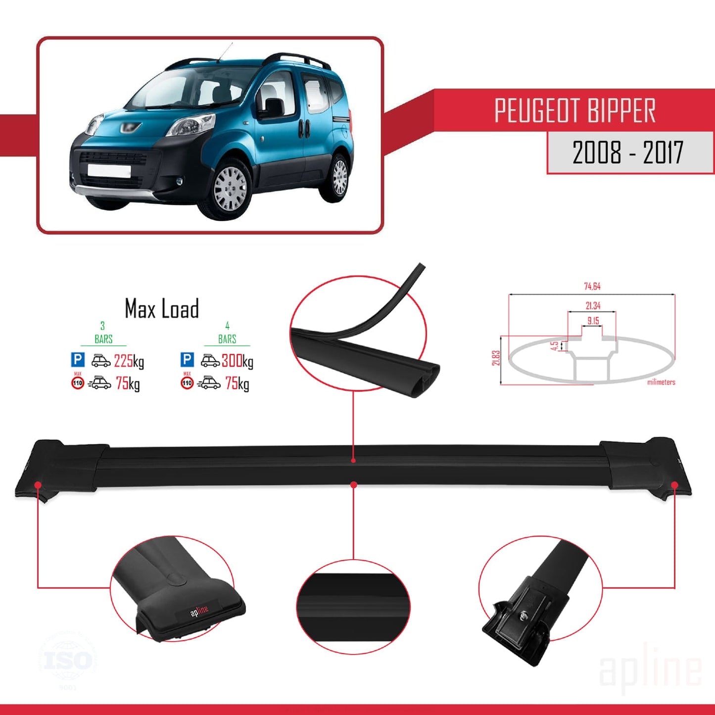 Compatible with Peugeot Bipper 2008-2017 FLY Model Car Roof Rack Cross Bar Black Aluminium 4 Bars