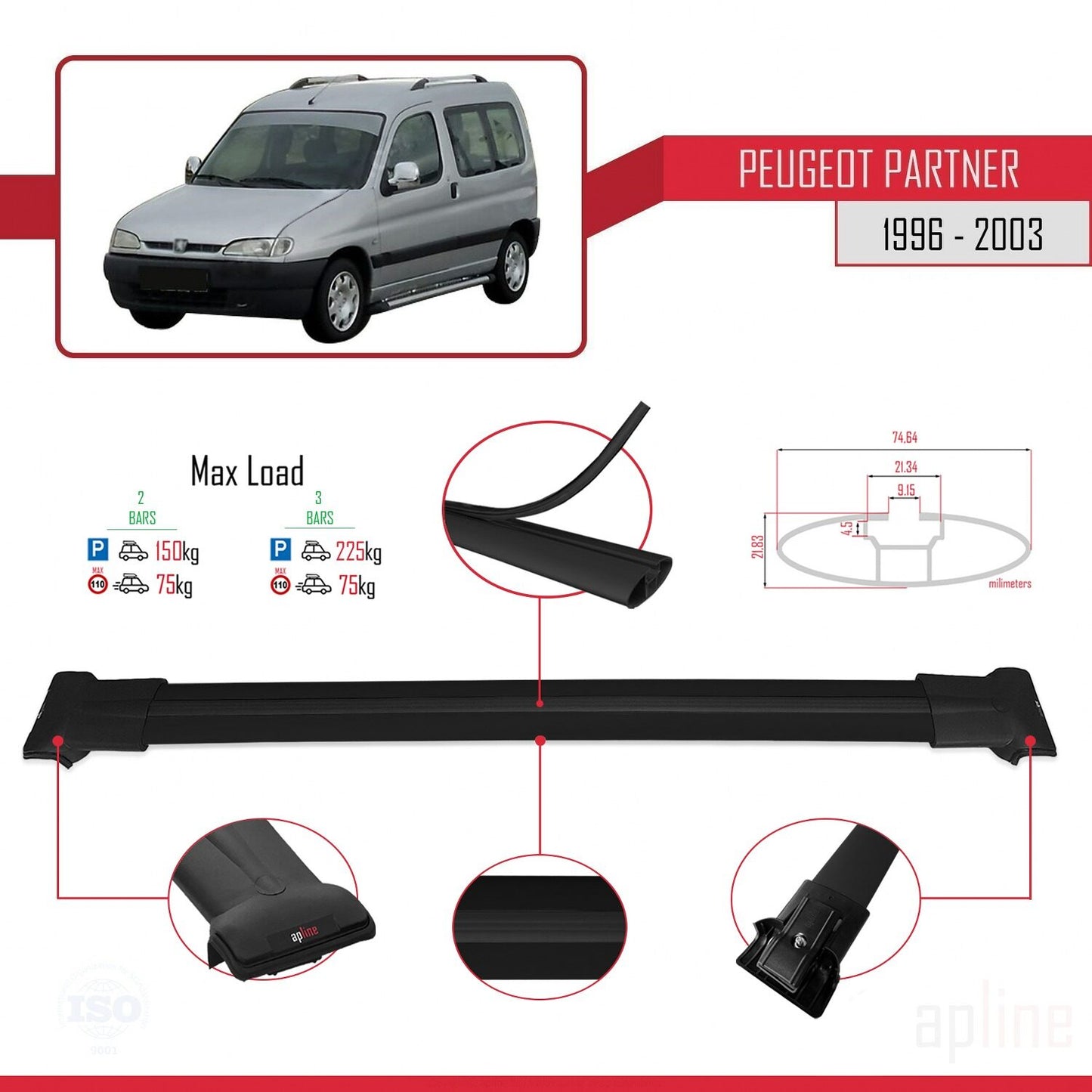 Compatible avec Peugeot Partner Pre-Facelift 1996-2003 FLY Model Barres de Toit Railing Porte-Bagages de Voiture Noir Aluminium 2 Barres