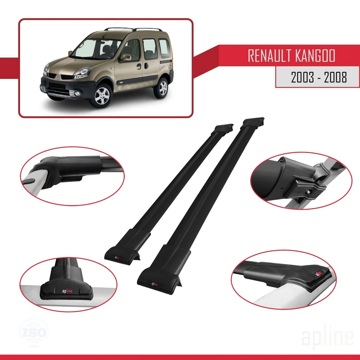 Compatible avec Renault Kangoo (X76) Post-Facelift 2003-2008 FLY Model Barres de Toit Railing Porte-Bagages de Voiture Noir Aluminium 2 Barres