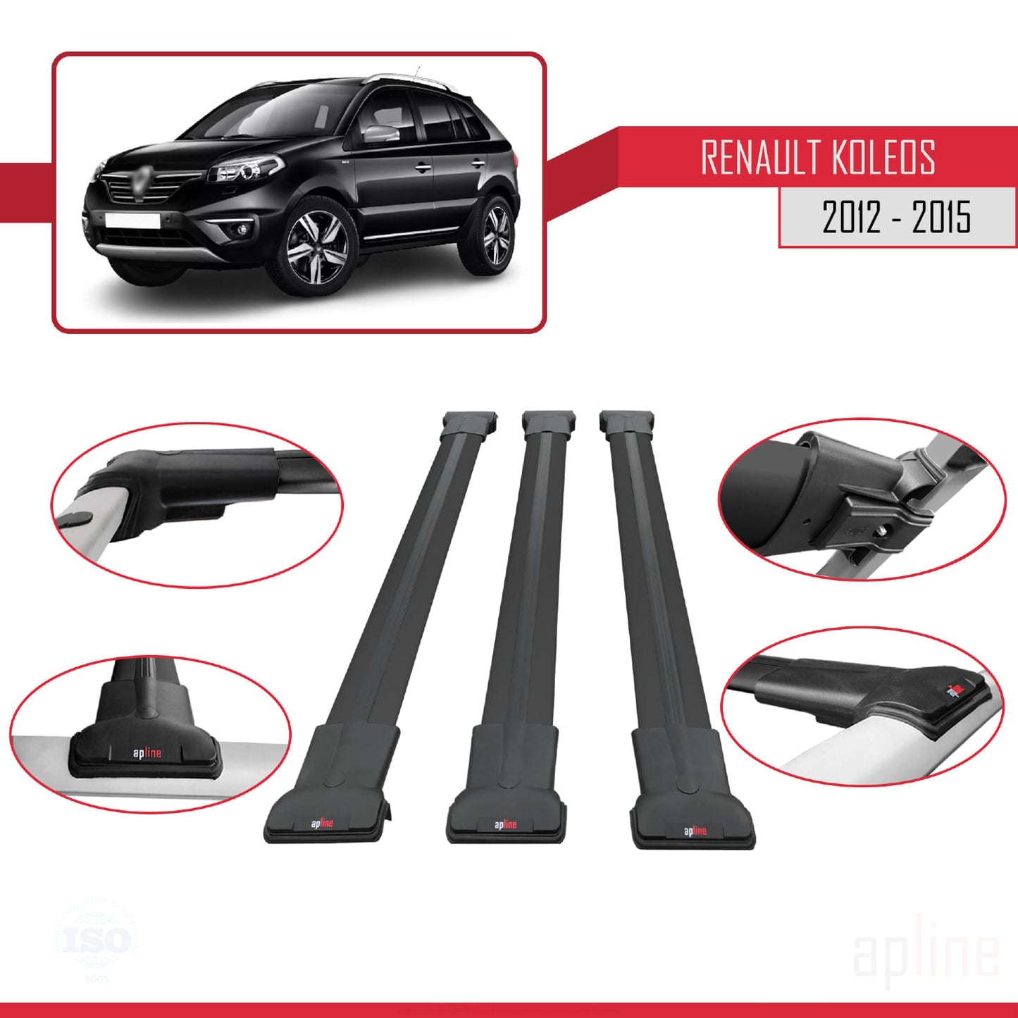 Compatible avec Renault Koleos (HY) Post-Facelift 2012-2015 FLY Model Barres de Toit Railing Porte-Bagages de Voiture Noir Aluminium 3 Barres
