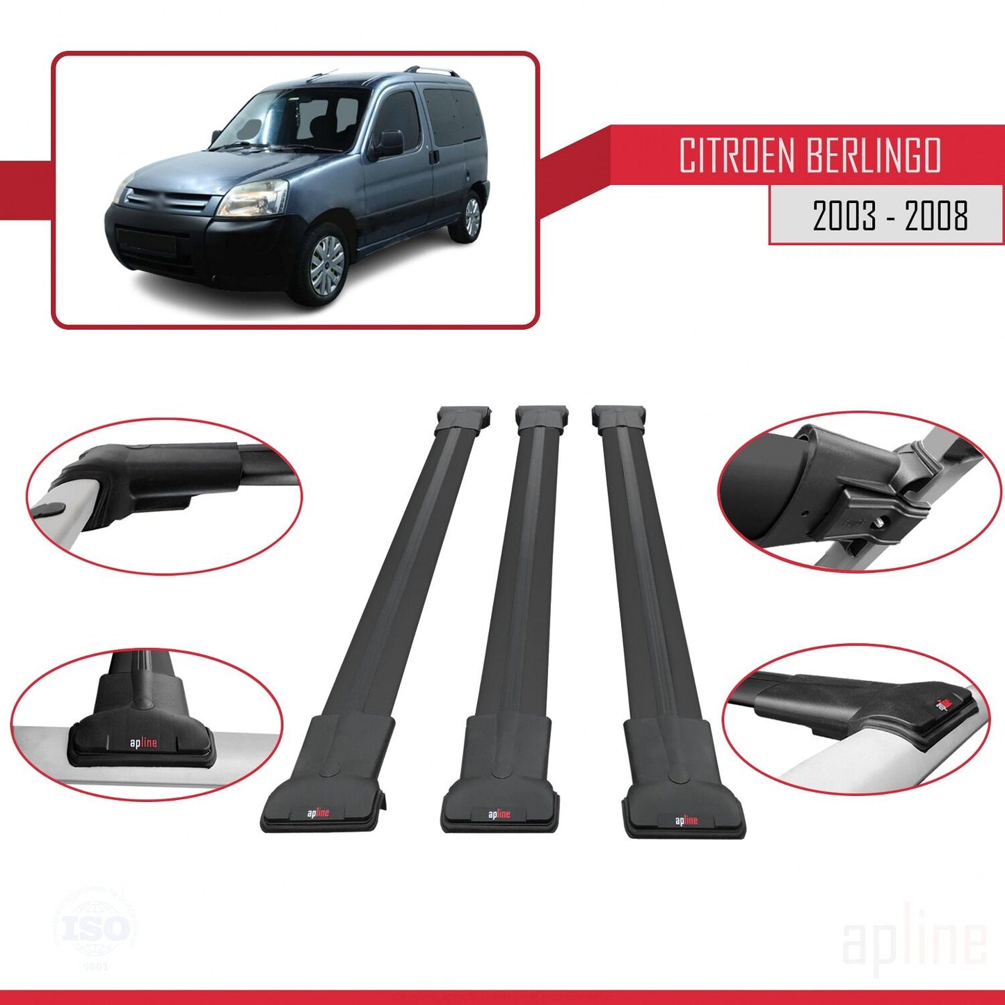 Kompatibel mit Citroen Berlingo (M59) 2003-2008 FLY Modell Dachgepäckträger, schwarzes Aluminium, 3-teilig