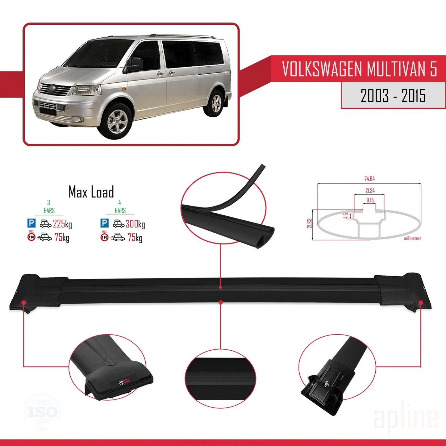 Compatible avec Volkswagen T5 Multivan 2003-2015 FLY Model Barres de Toit Railing Porte-Bagages de Voiture Noir Aluminium 3 Barres