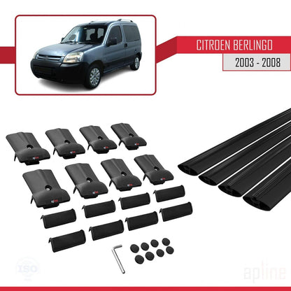 Kompatibel mit Citroen Berlingo (M59) 2003-2008 FLY Modell Dachgepäckträger, schwarzes Aluminium, 4 Stangen
