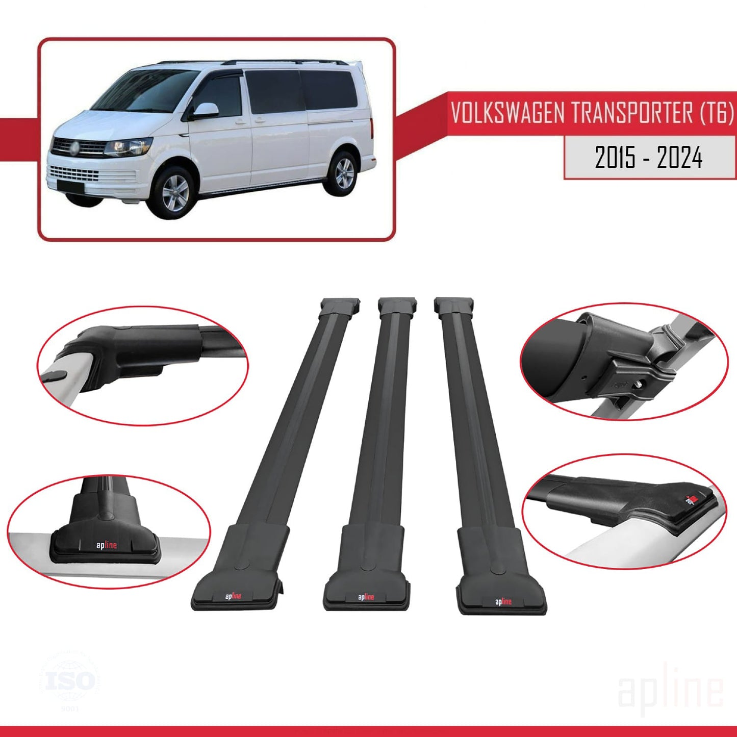 Compatible avec Volkswagen T6 Transporter 2015-2024 FLY Model Barres de Toit Railing Porte-Bagages de Voiture Noir Aluminium 3 Barres