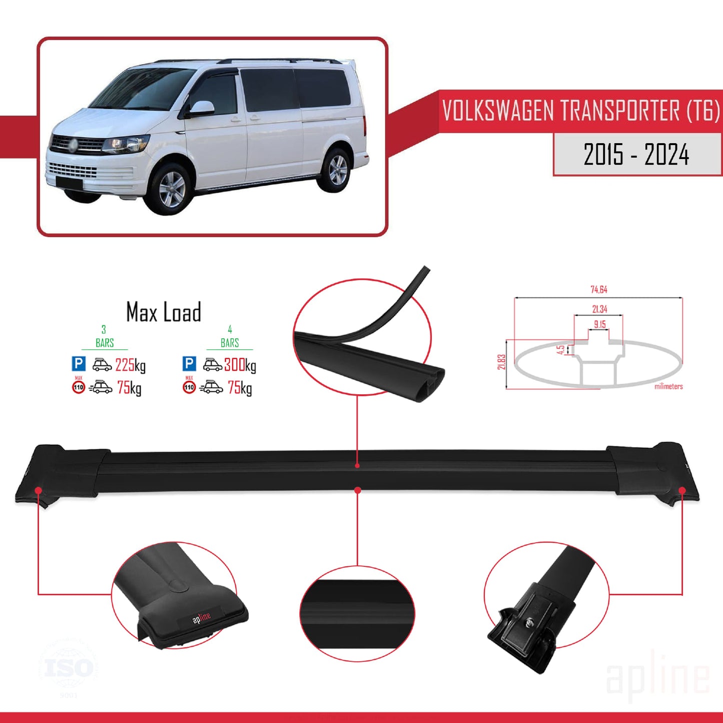 Compatible avec Volkswagen T6 Transporter 2015-2024 FLY Model Barres de Toit Railing Porte-Bagages de Voiture Noir Aluminium 4 Barres