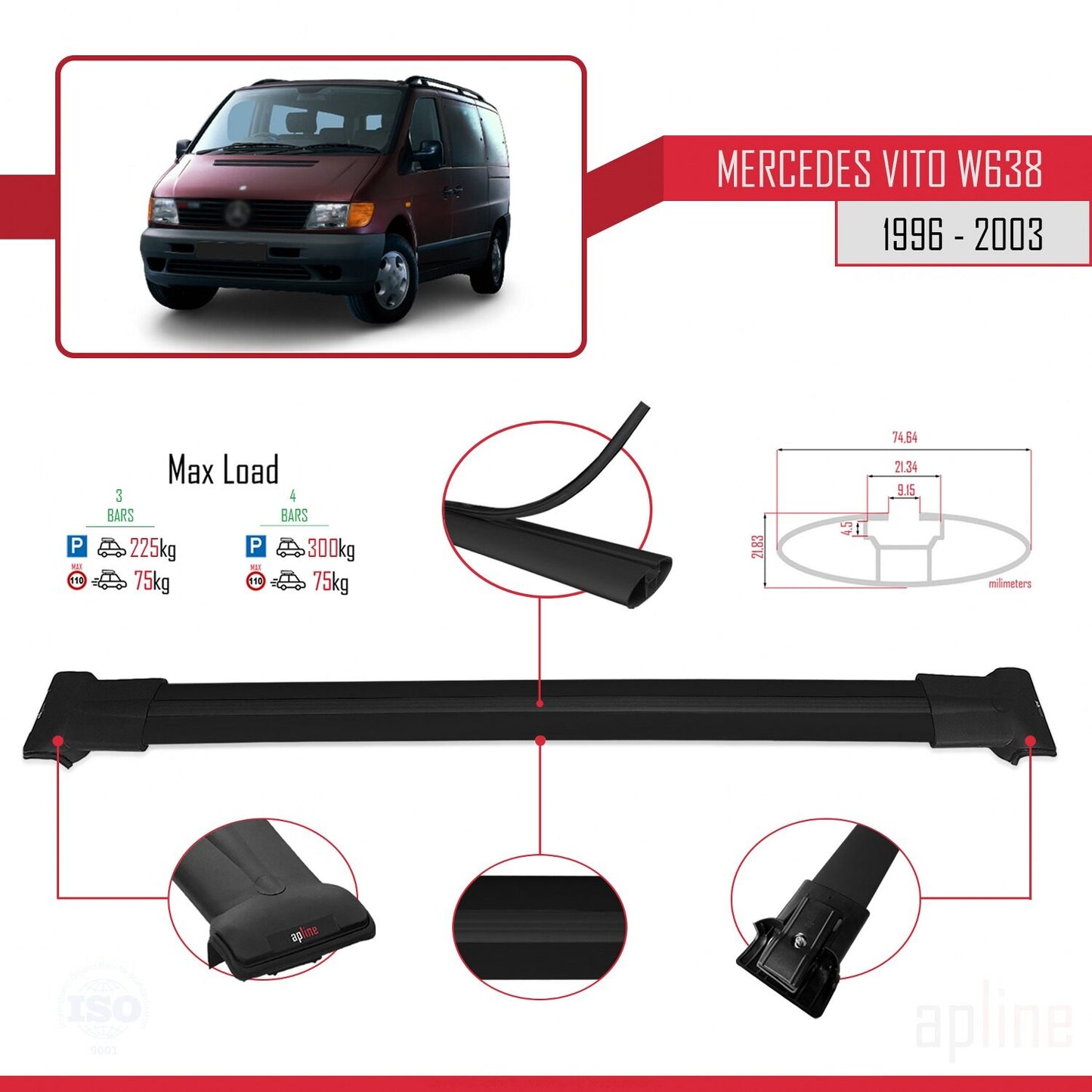 Compatible with Mercedes Vito (W638) 1996-2003 FLY Model Car Roof Rack Cross Bar Black Aluminium 3 Bars