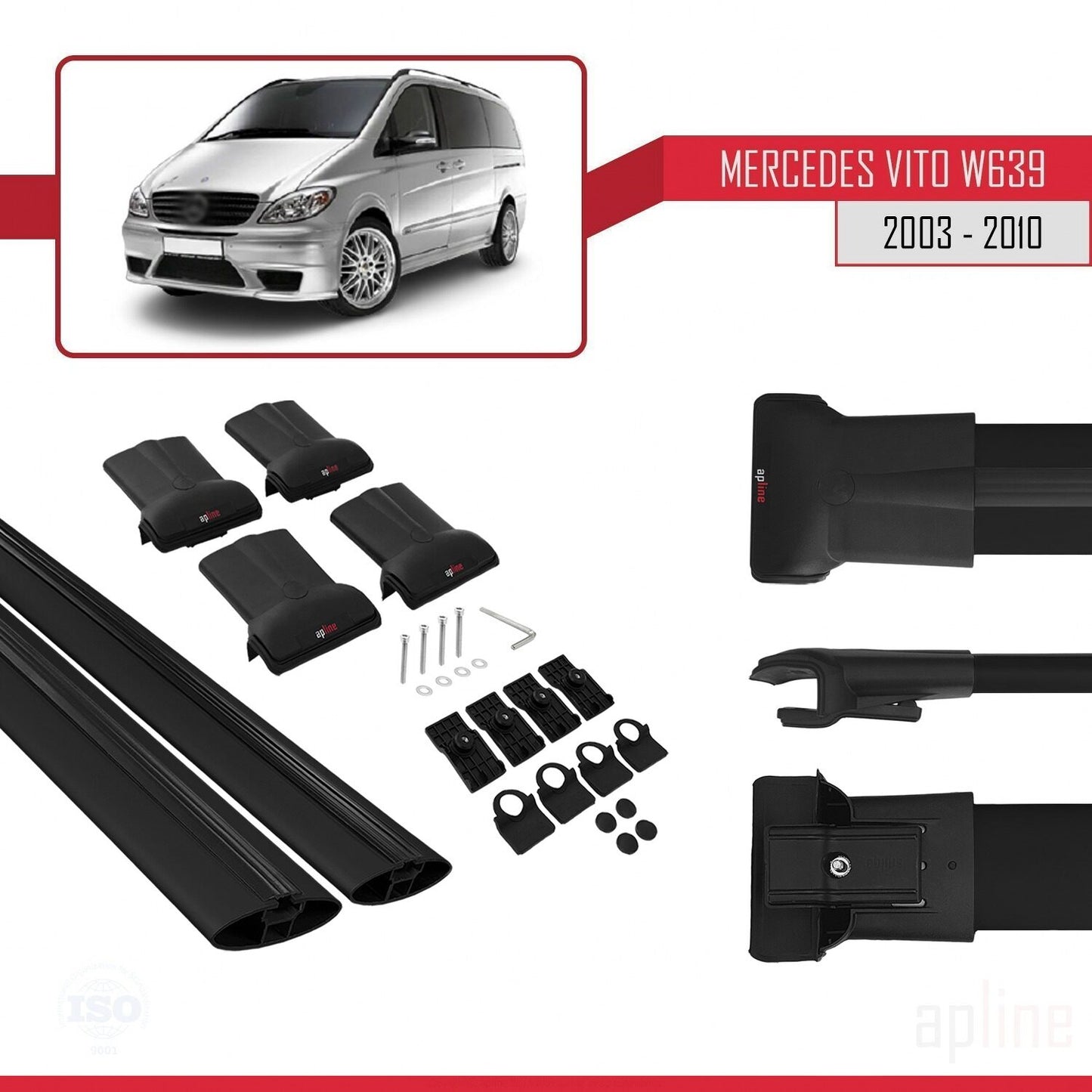 Compatible with Mercedes Vito 2 (W639) Pre-Facelift 2003-2010 FLY Model Car Roof Rack Cross Bar Black Aluminium 2 Bars