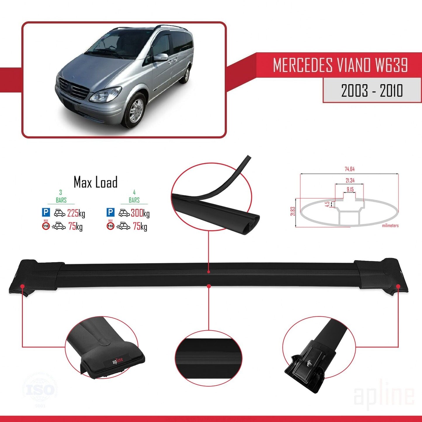 Compatible with Mercedes Viano 2 (W639) Pre-Facelift 2003-2010 FLY Model Car Roof Rack Cross Bar Black Aluminium 4 Bars