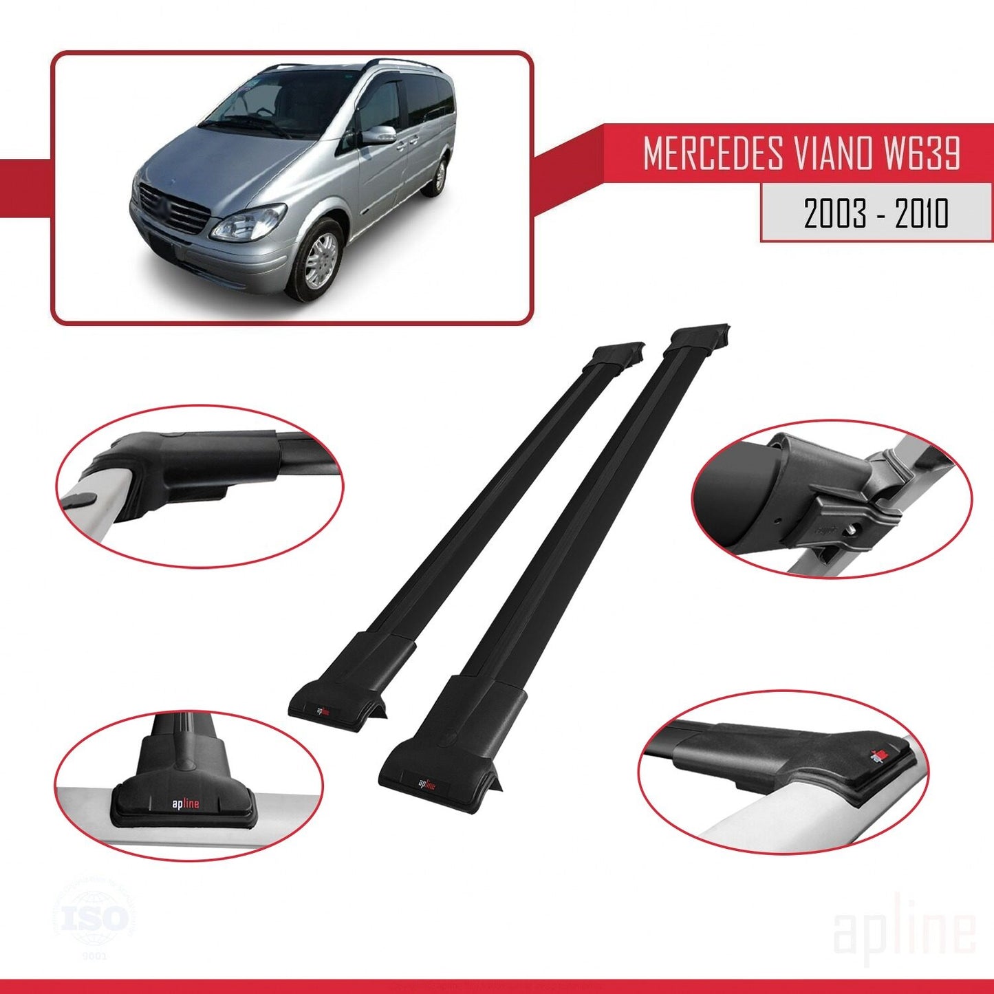 Kompatibel mit Mercedes Viano 2 (W639) Pre-Facelift 2003-2010 FLY Model Relingträger Dachträger Auto Gepäckträger Schwarz Aluminium 2 Stangen