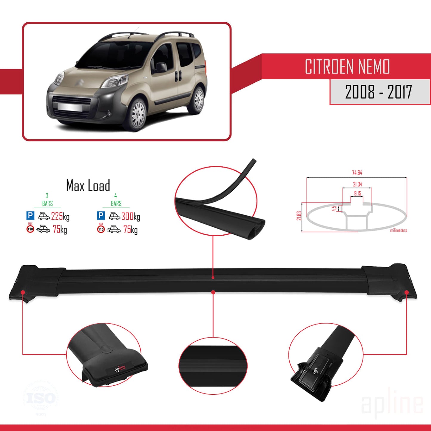 Kompatibel mit Citroen Nemo 3 (225) 2008-2017 FLY Modell Dachgepäckträger, schwarzes Aluminium, 3-Stangen