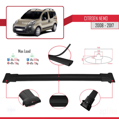 Kompatibel mit Citroen Nemo 3 (225) 2008-2017 FLY Modell Dachgepäckträger, schwarzes Aluminium, 3-Stangen