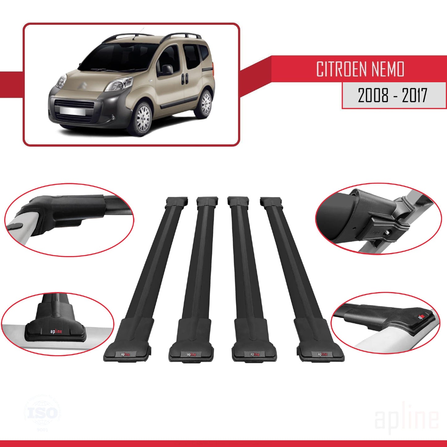 Kompatibel mit Citroen Nemo 3 (225) 2008-2017 FLY Modell Dachgepäckträger, schwarzes Aluminium, 4 Stangen