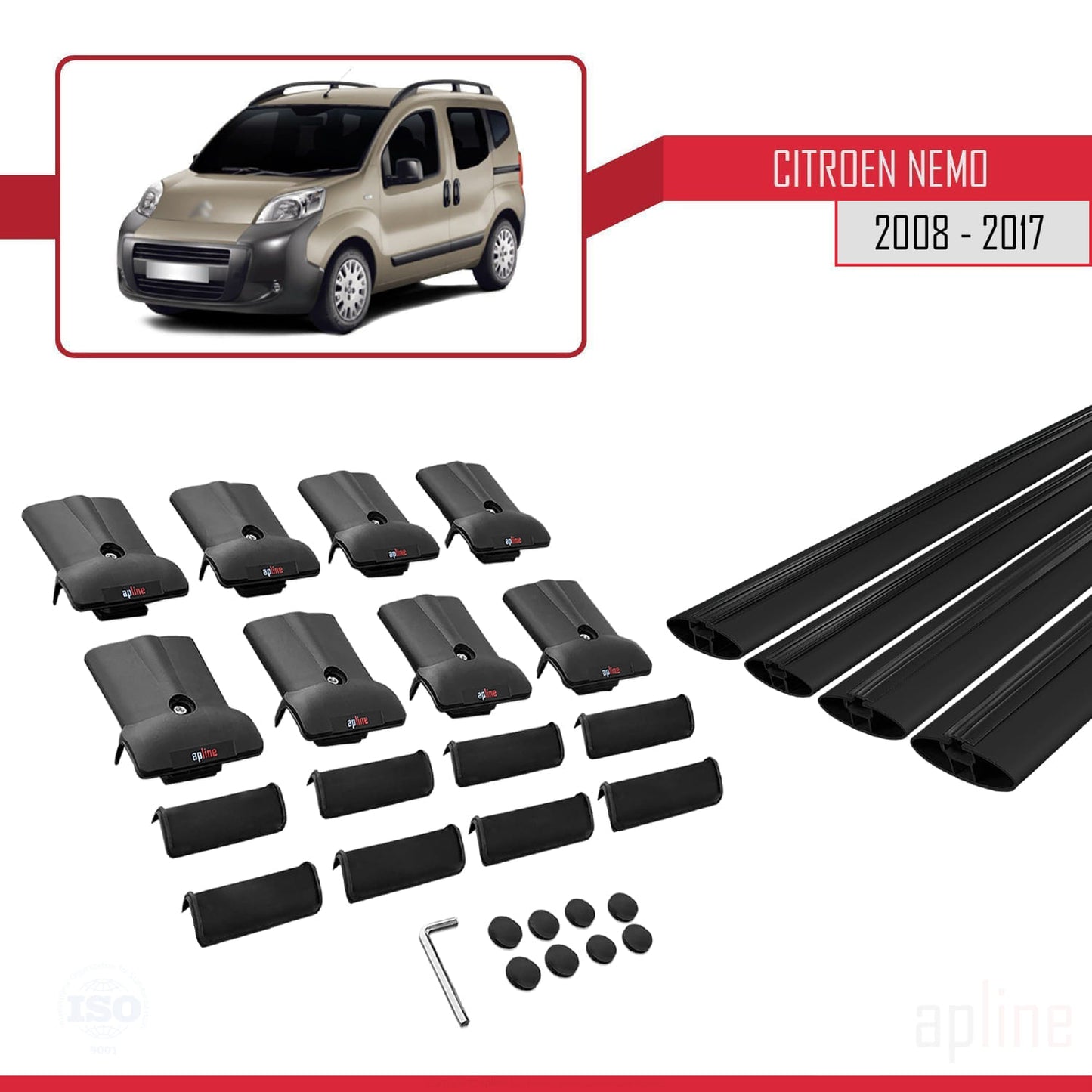 Kompatibel mit Citroen Nemo 3 (225) 2008-2017 FLY Modell Dachgepäckträger, schwarzes Aluminium, 4 Stangen