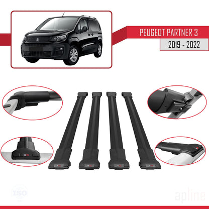 Compatible avec Peugeot Partner 3 2019-2022 FLY Model Barres de Toit Railing Porte-Bagages de Voiture Noir Aluminium 4 Barres