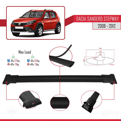 Kompatibel mit Dacia Sandero Stepway 2008-2012 FLY Modell Dachgepäckträger, Reling, Gepäckträger, schwarzes Aluminium, 3 Stangen