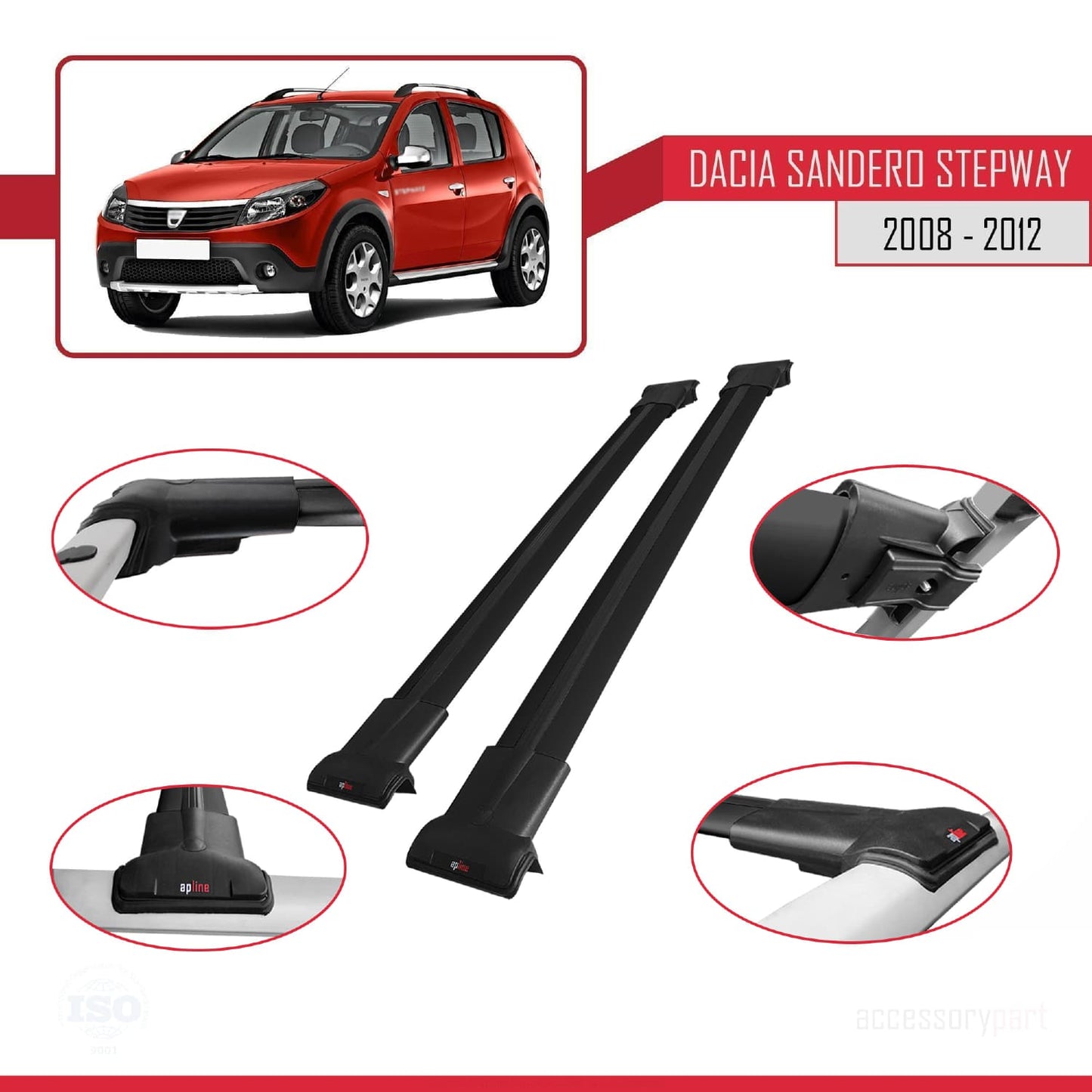Kompatibel mit Dacia Sandero Stepway 2008-2012 FLY Modell Dachgepäckträger, schwarzes Aluminium, 2 Stangen