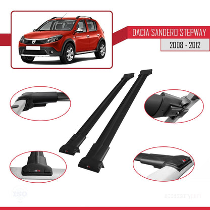 Kompatibel mit Dacia Sandero Stepway 2008-2012 FLY Modell Dachgepäckträger, schwarzes Aluminium, 2 Stangen