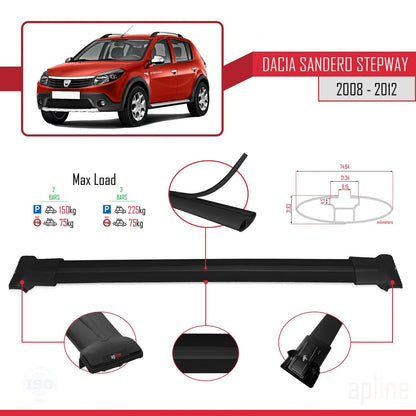 Kompatibel mit Dacia Sandero Stepway 2008-2012 FLY Modell Dachgepäckträger, schwarzes Aluminium, 2 Stangen