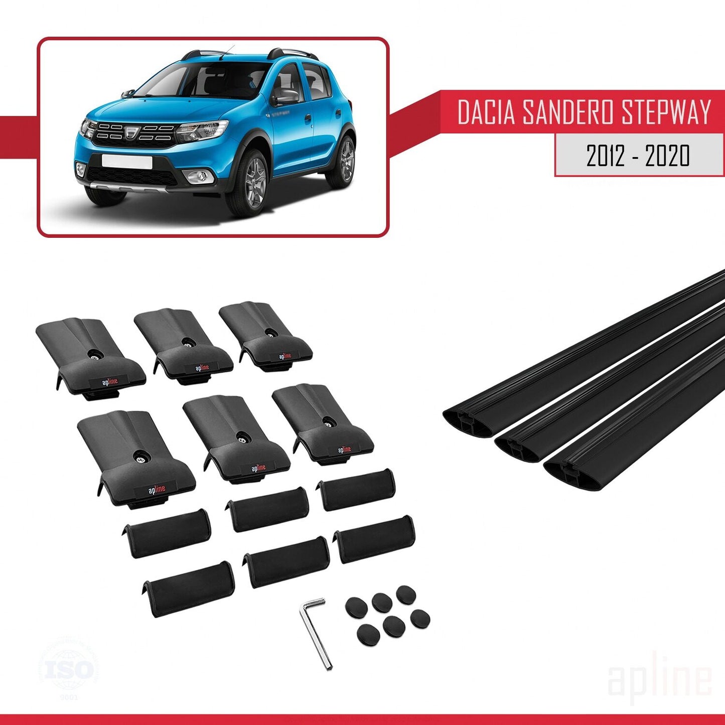 Kompatibel mit Dacia Sandero Stepway 2 2012-2020 FLY Modell Dachgepäckträger, schwarzes Aluminium, 3-Stangen