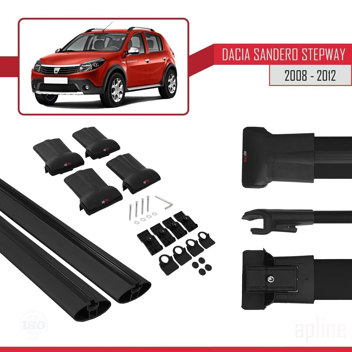 Kompatibel mit Dacia Sandero Stepway 2008-2012 FLY Modell Dachgepäckträger, schwarzes Aluminium, 2 Stangen
