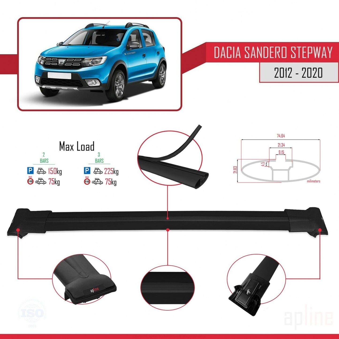 Kompatibel mit Dacia Sandero Stepway 2 2012-2020 FLY Modell Dachgepäckträger, schwarzes Aluminium, 2 Stangen
