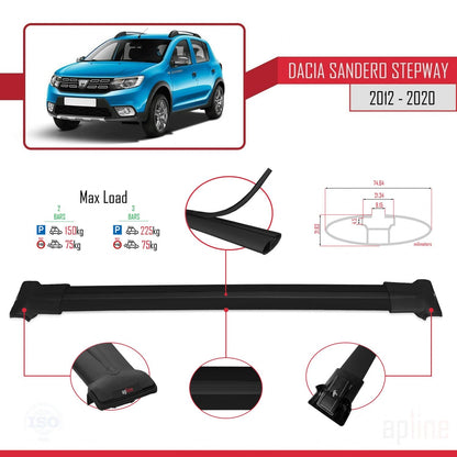 Kompatibel mit Dacia Sandero Stepway 2 2012-2020 FLY Modell Dachgepäckträger, schwarzes Aluminium, 2 Stangen