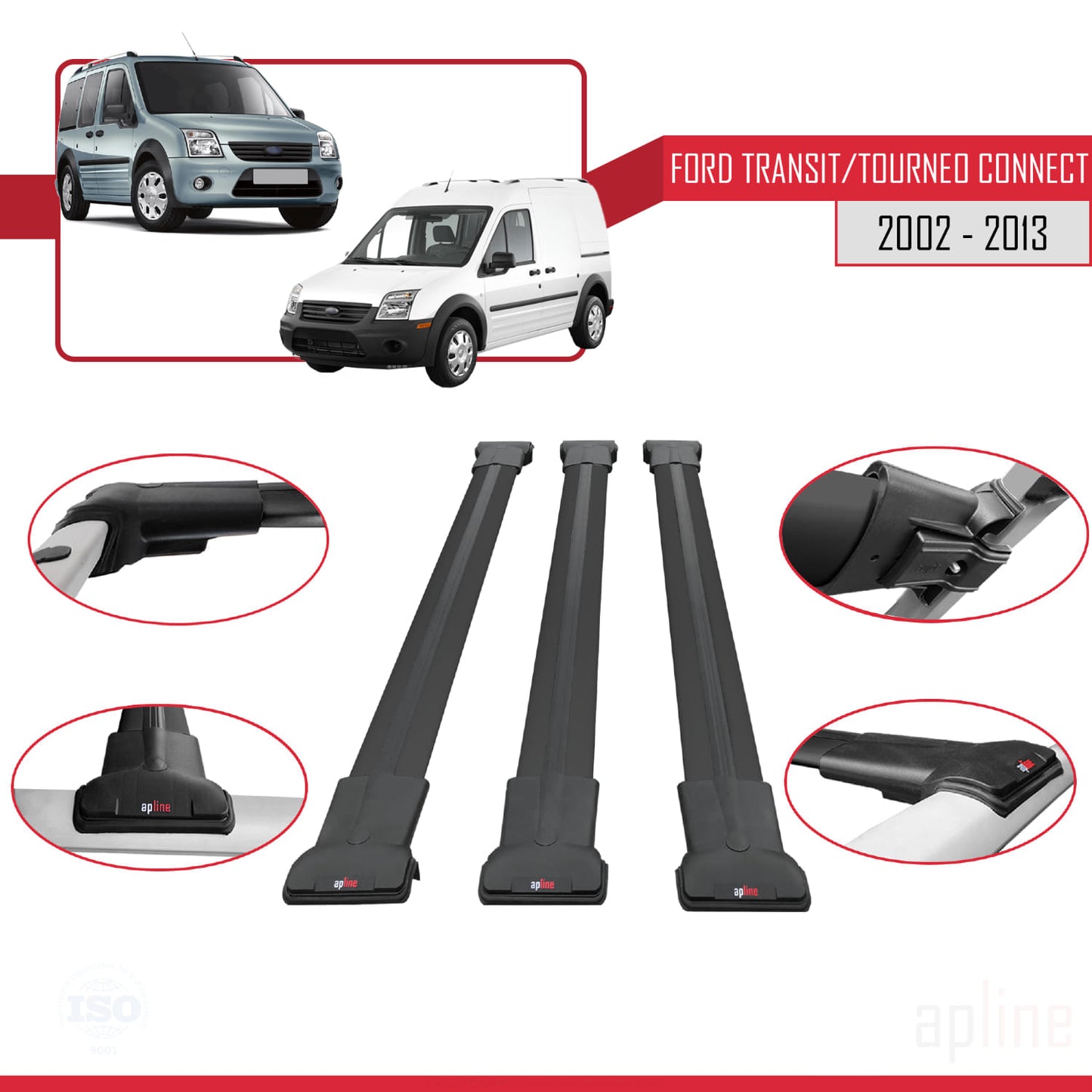 Kompatibel mit Ford Transit/Tourneo Connect 2002-2013 FLY Modell Dachgepäckträger, schwarzes Aluminium, 3 Stangen