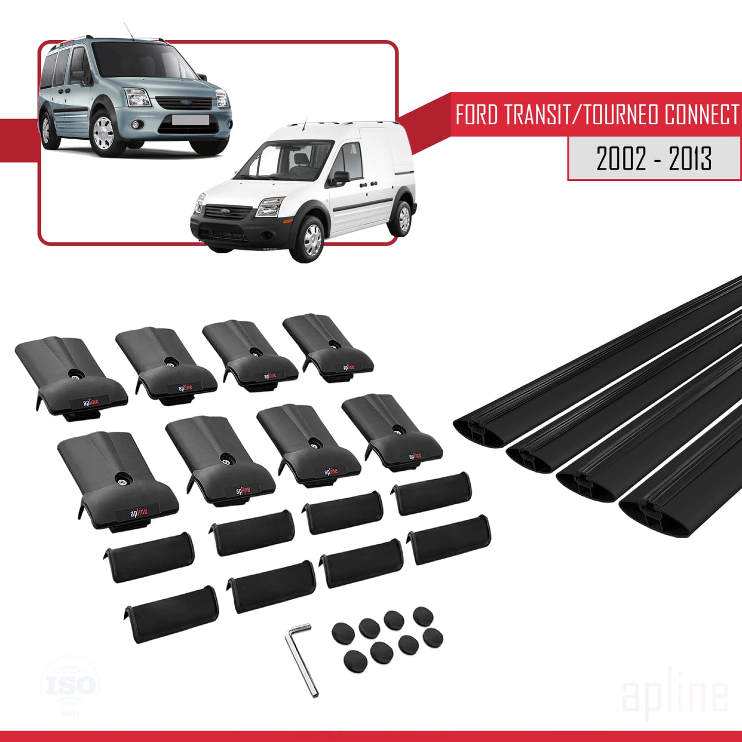 Kompatibel mit Ford Transit/Tourneo Connect 2002-2013 FLY Modell Dachgepäckträger, schwarzes Aluminium, 4 Stangen
