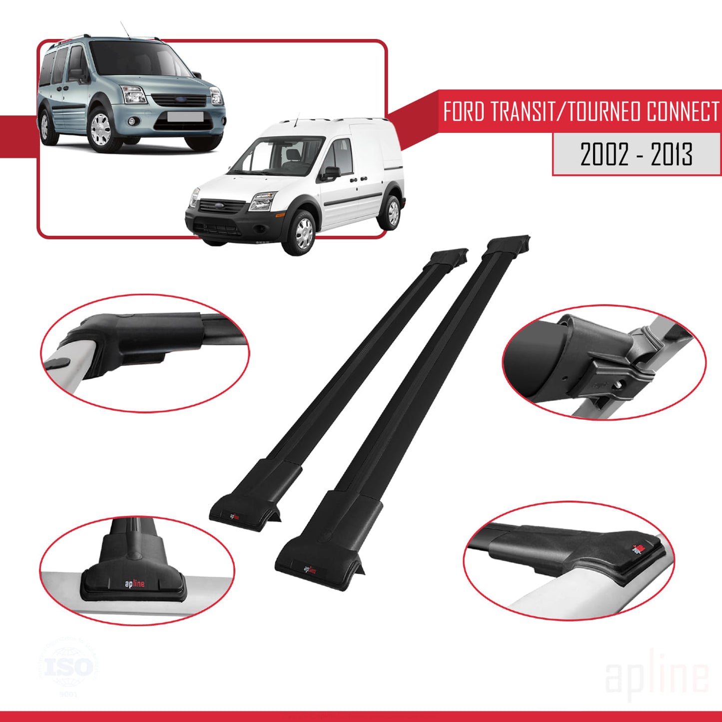 Kompatibel mit Ford Transit/Tourneo Connect 2002-2013 FLY Modell Dachgepäckträger, schwarzes Aluminium, 2 Stangen