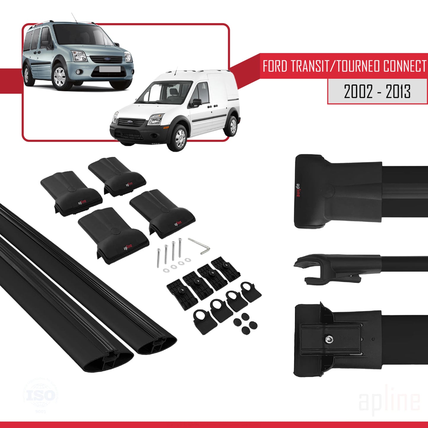 Kompatibel mit Ford Transit/Tourneo Connect 2002-2013 FLY Modell Dachgepäckträger, schwarzes Aluminium, 2 Stangen