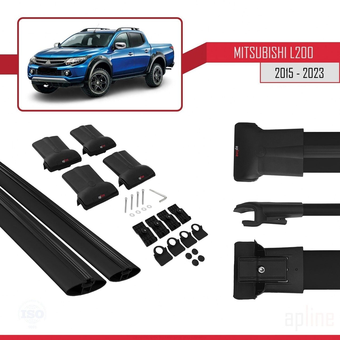 Compatible avec Mitsubishi L200 V 2015-2023 FLY Model Barres de Toit Railing Porte-Bagages de Voiture Noir Aluminium 2 Barres