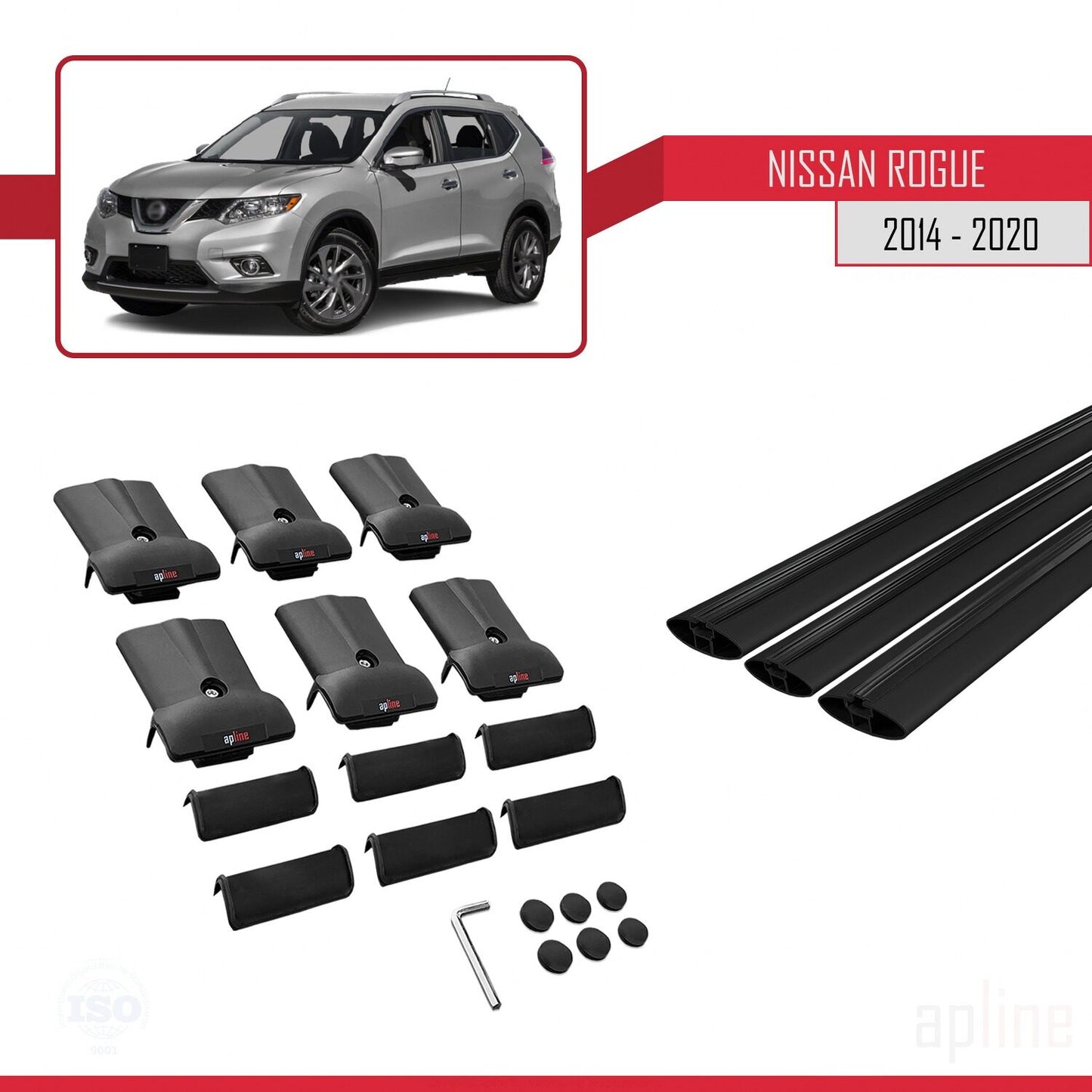 Compatible avec Nissan Rogue 2 (T32) 2014-2020 FLY Model Barres de Toit Railing Porte-Bagages de Voiture Noir Aluminium 3 Barres