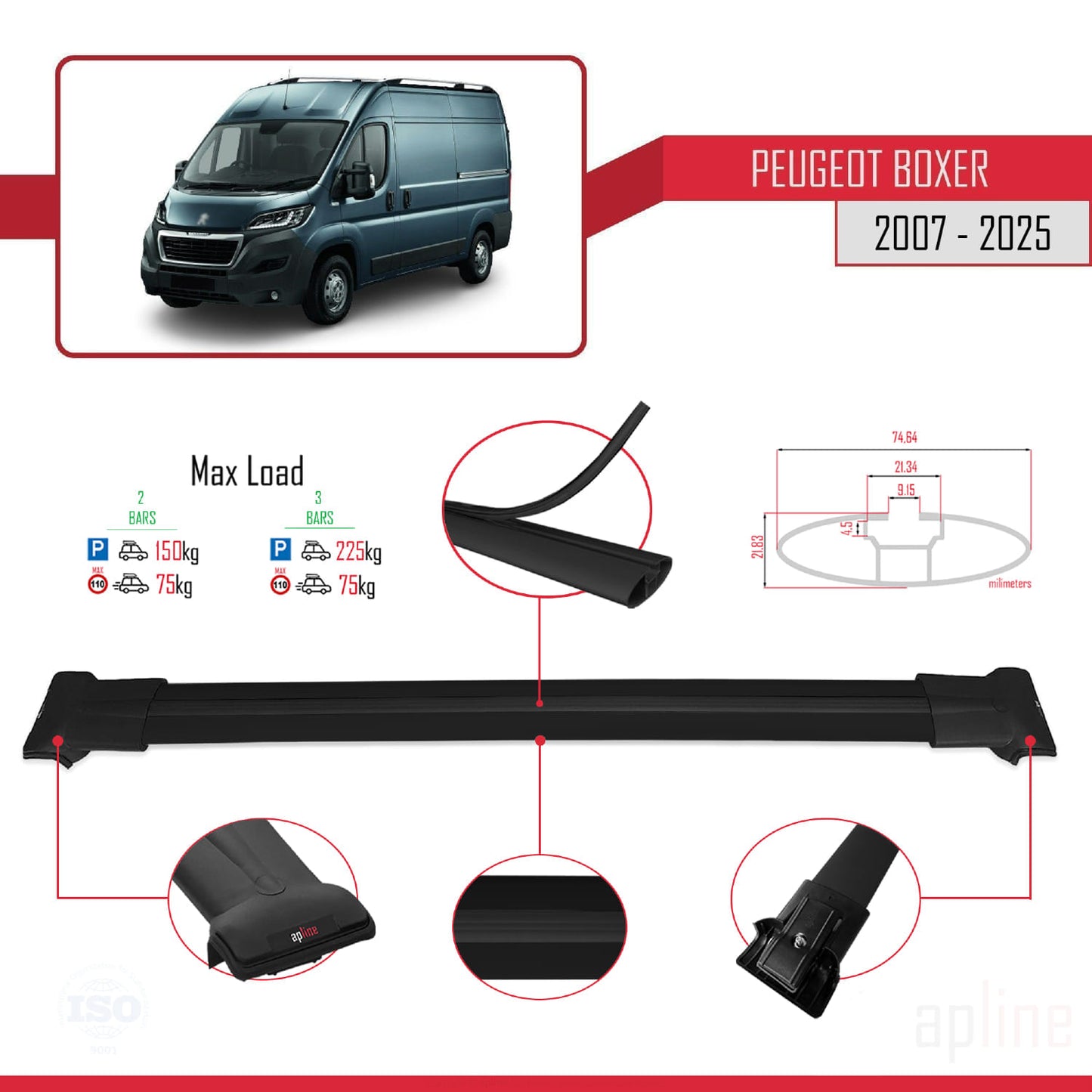 Compatible with Peugeot Boxer 2 2007-2025 FLY Model Car Roof Rack Cross Bar Black Aluminium 2 Bars