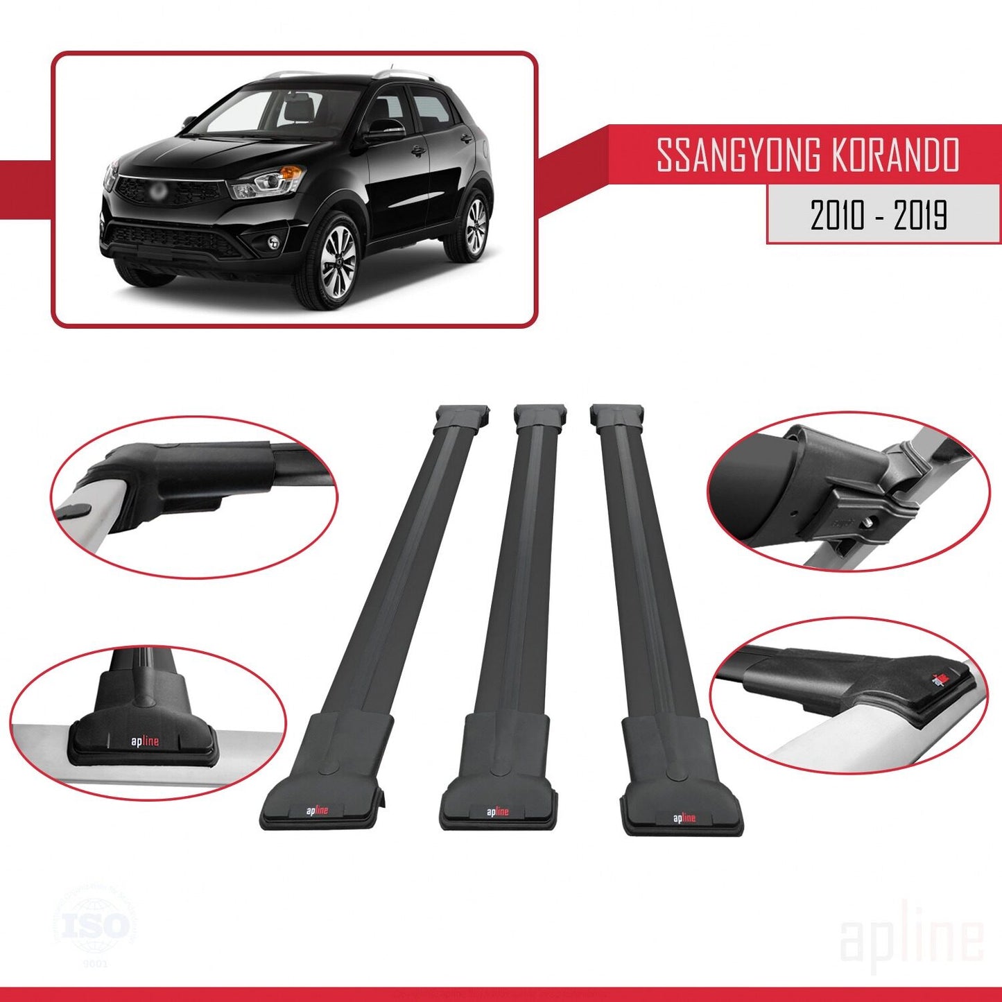 Compatible avec Ssangyong Korando 3 (C200) 2010-2019 FLY Model Barres de Toit Railing Porte-Bagages de Voiture Noir Aluminium 3 Barres