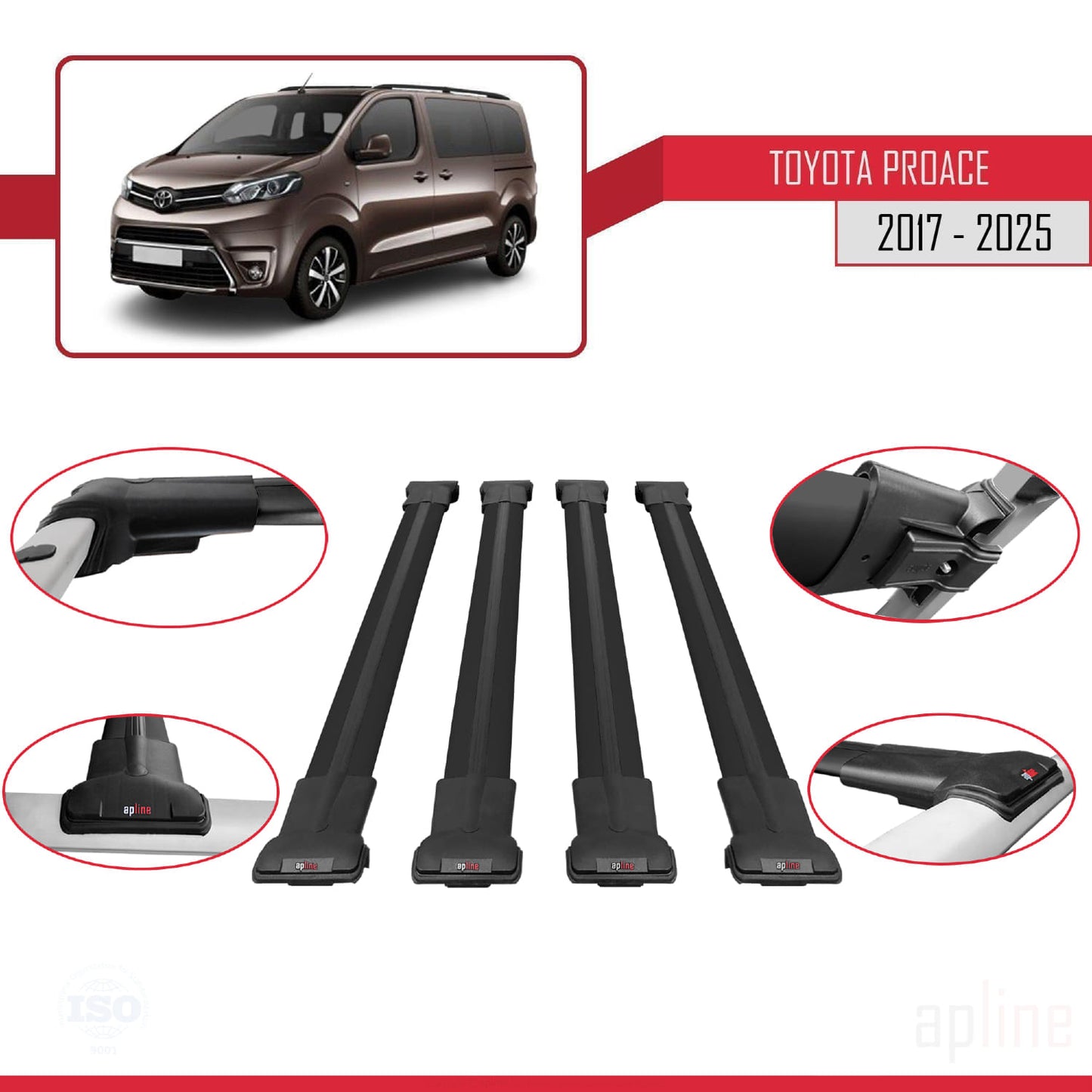 Compatible avec Toyota Proace 2017-2025 FLY Model Barres de Toit Railing Porte-Bagages de Voiture Noir Aluminium 4 Barres