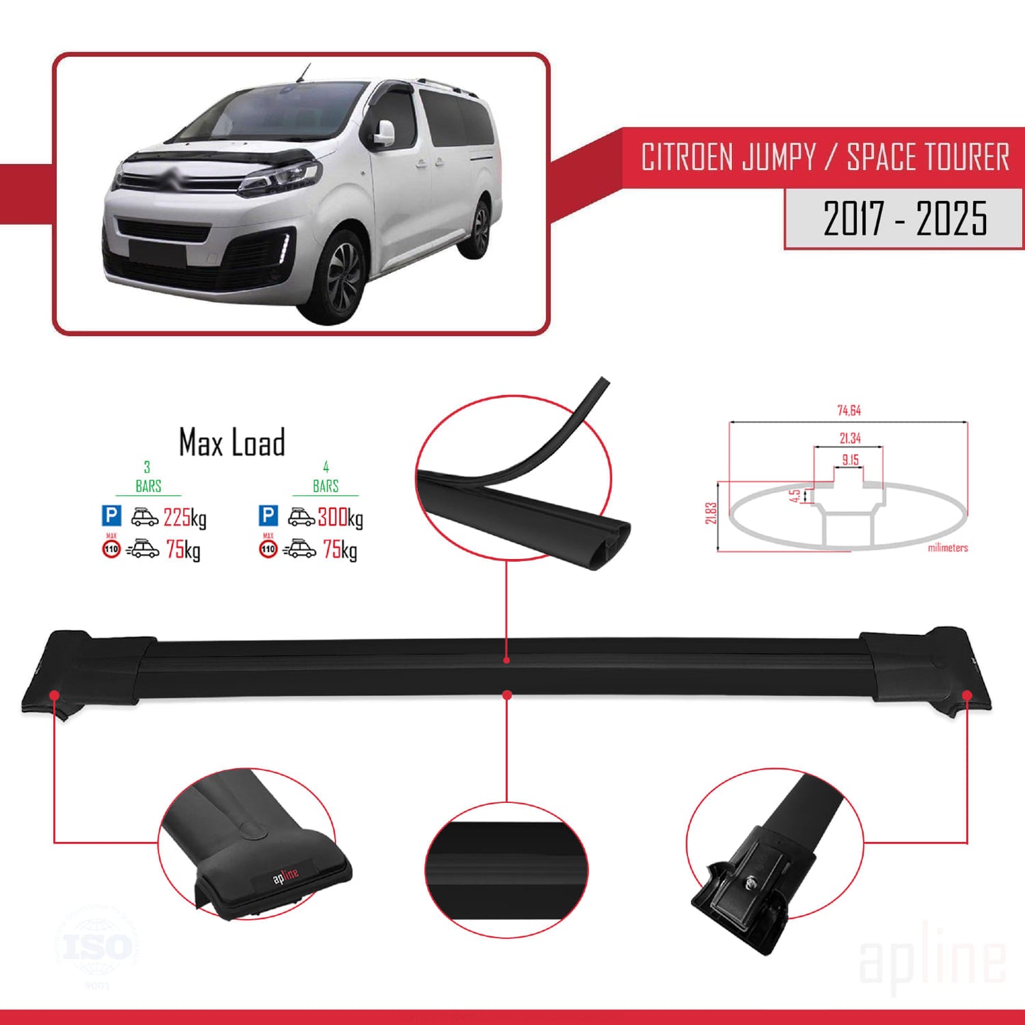 Kompatibel mit Citroen Jumpy 3 (K0) Space Tourer 2017-2025 FLY Modell Dachgepäckträger, schwarzes Aluminium, 4 Stangen