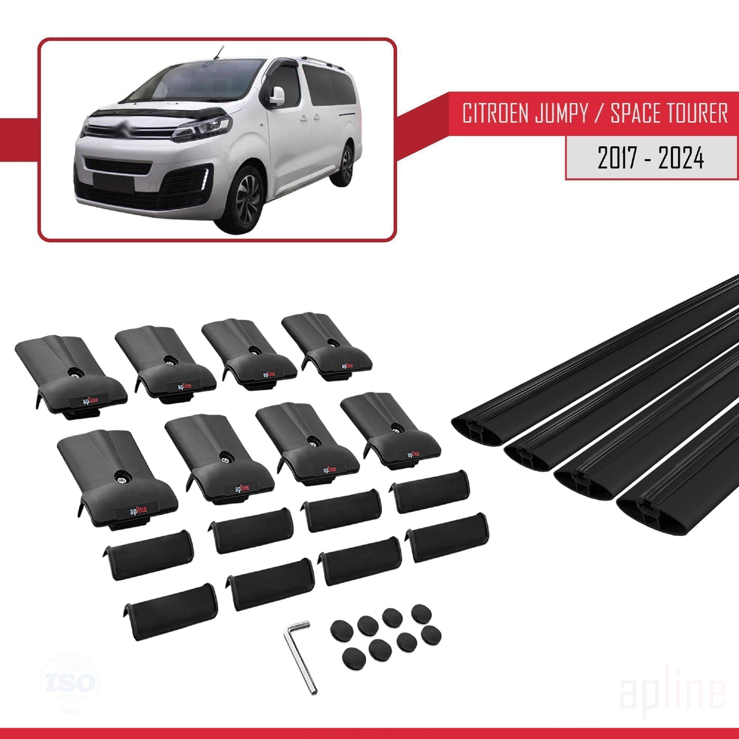 Kompatibel mit Citroen Jumpy 3 (K0) Space Tourer 2017-2025 FLY Modell Dachgepäckträger, schwarzes Aluminium, 4 Stangen