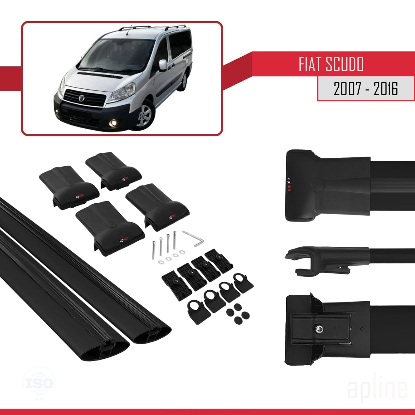 Compatible avec Fiat Scudo 2 2007-2016 FLY Model Barres de Toit Railing Porte-Bagages de Voiture Noir Aluminium 2 Barres